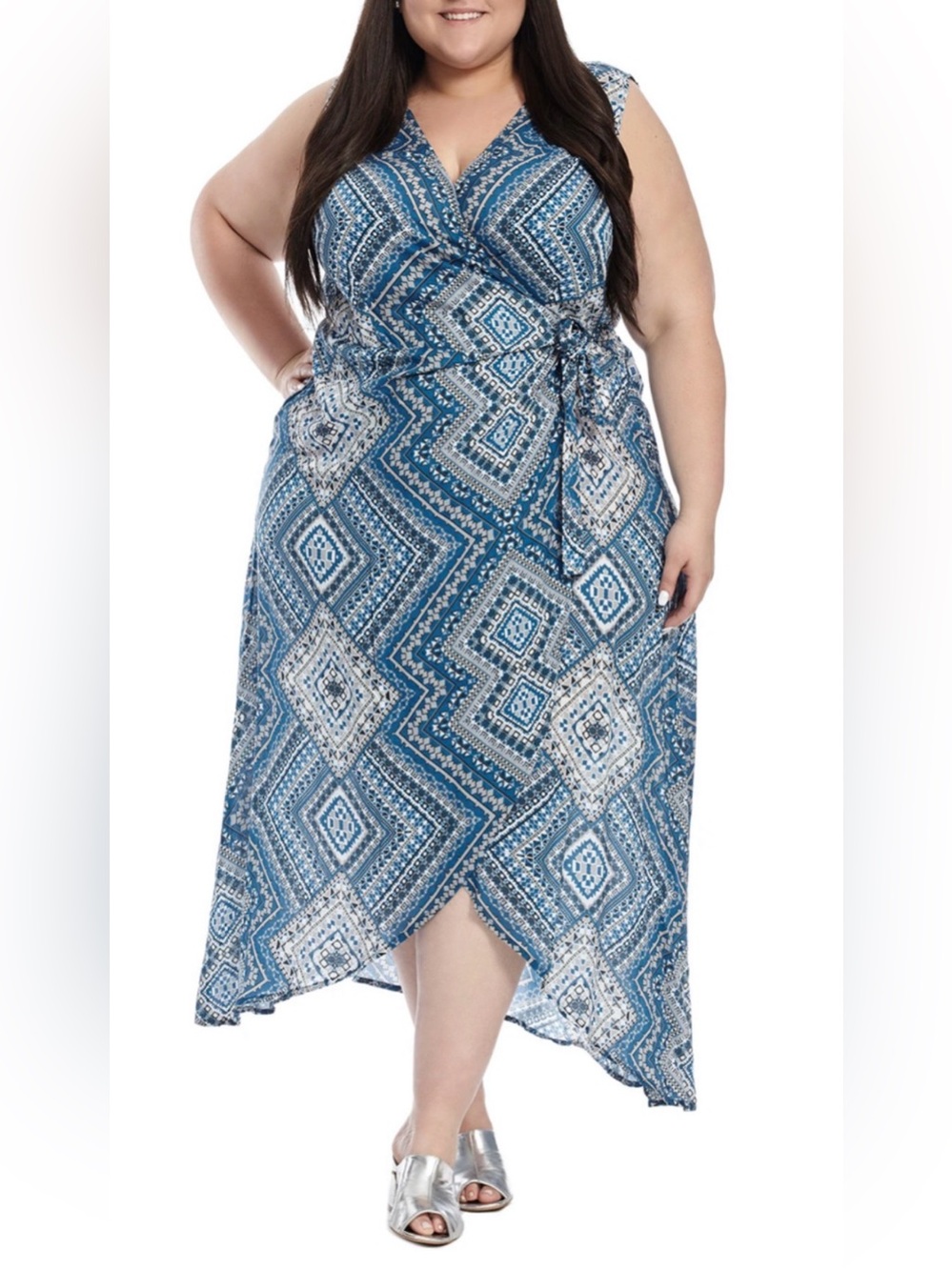 NEW TOLANI BLUE PRINT SLEEVELESS TRUE WRAP ANNETTE MAXI DRESS PLUS SIZE 2X